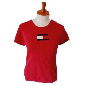 Vintage Y2K Tommy Hilfiger Logo Red Ribbed Knit Short Sleeve Sweater Size Large
